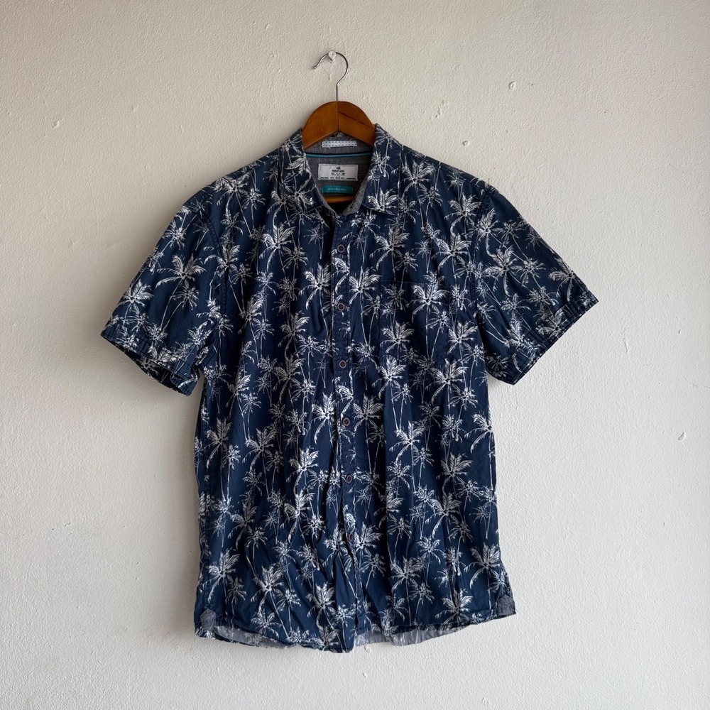MBX Premium Goods Palm Tree Button Up Shirt Size Large Blue Short Sleeve Tropica